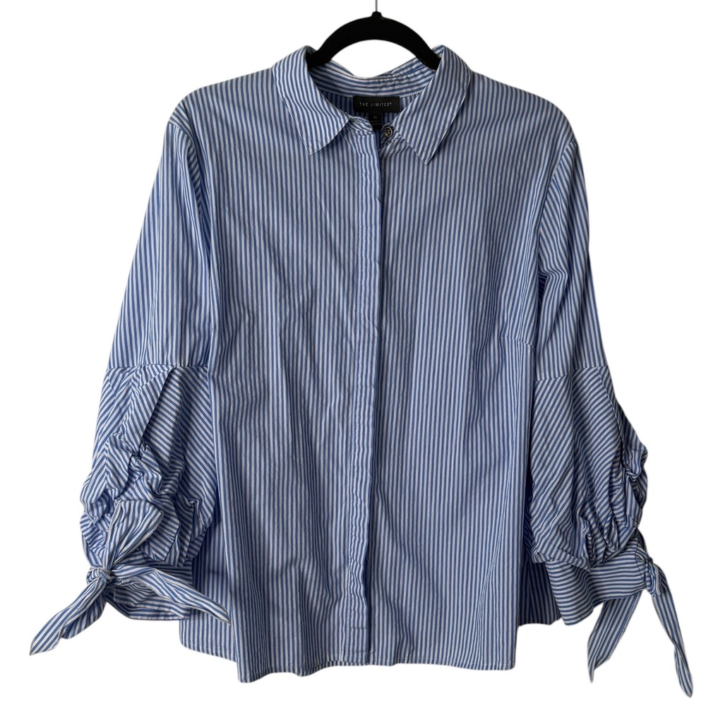 The Limited Womens XL Blue White Striped Tie Cuff Puff Sleeve Button Down Shirt